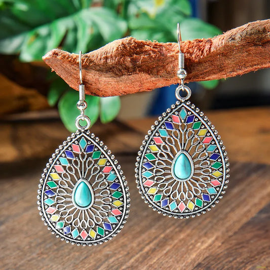 1-Ethnic Charm Oxidized Metal Drops - Silver-Toned Turquoise Earrings