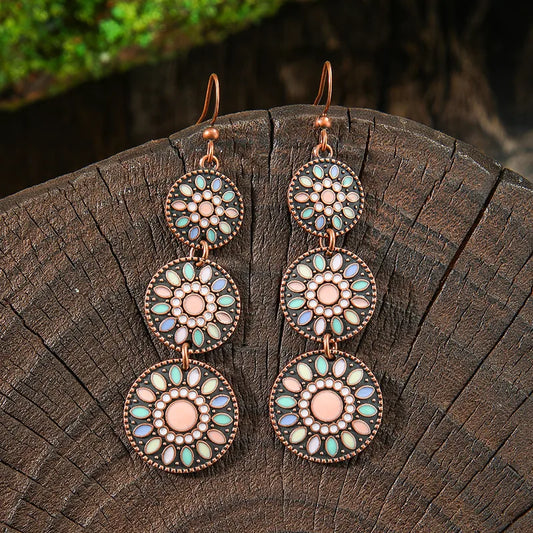 1- Ethnic Metal Drop Earrings - Multicolor Resin Earrings(Pink)