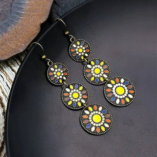 1- Ethnic Metal Drop Earrings - Multicolor Resin Earrings(Yellow and Black)