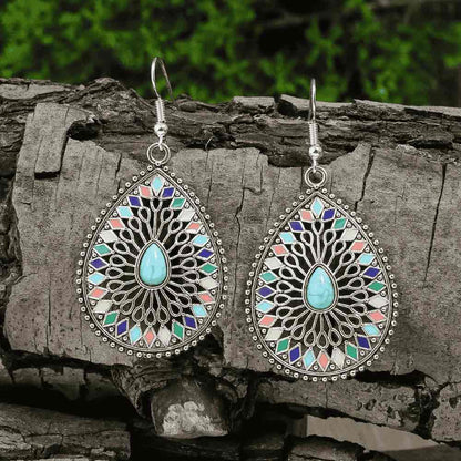 1-Ethnic Charm Oxidized Metal Drops - Silver-Toned Turquoise Earrings