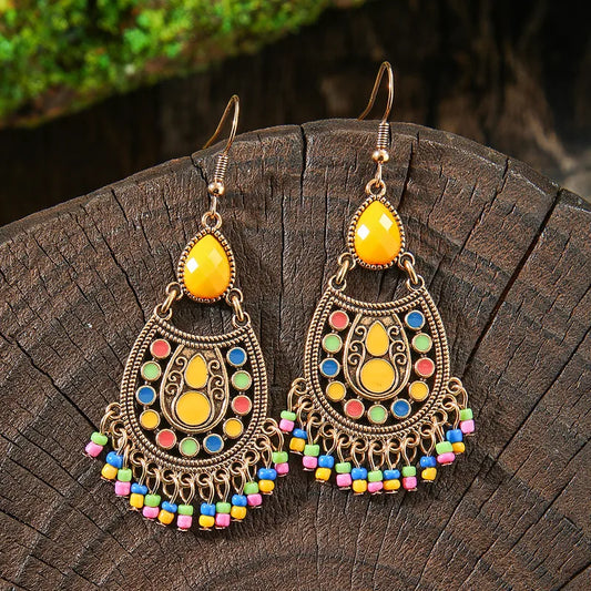 Premium | Ethnic Stone Drop Earrings (Yellow)