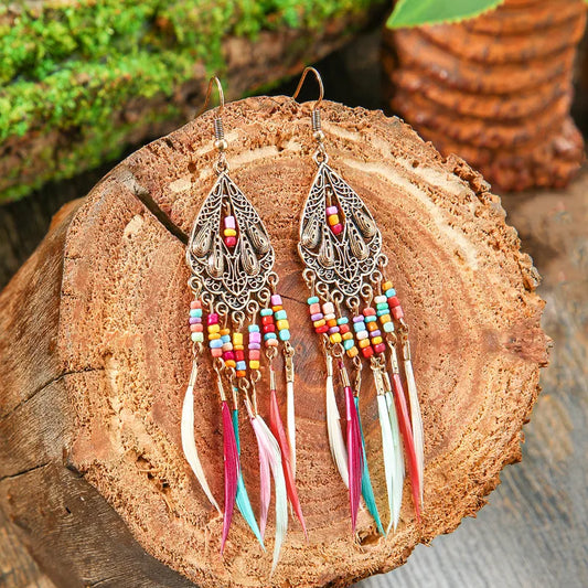 1- Colorful Boho Long Earrings - Chandelier Beaded and Feather Earrings