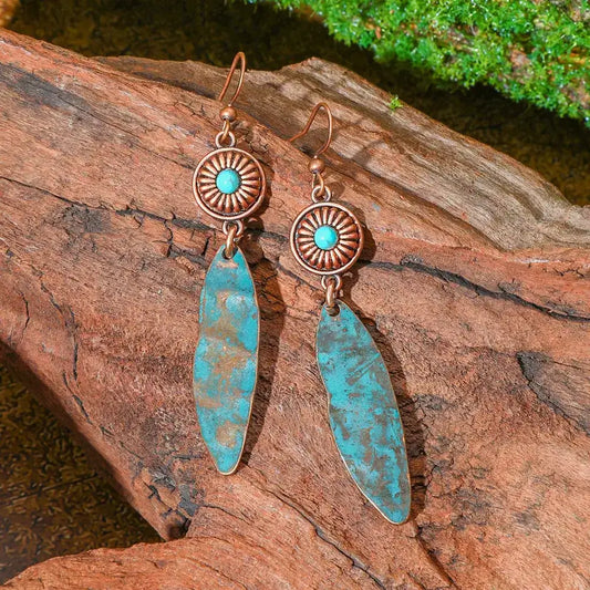 1- Oxidized Copper Leaf Earrings - Metal Turquoise Earrings