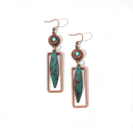 1- Oxidized Copper Leaf Earrings - Metal Turquoise Geometric Earrings