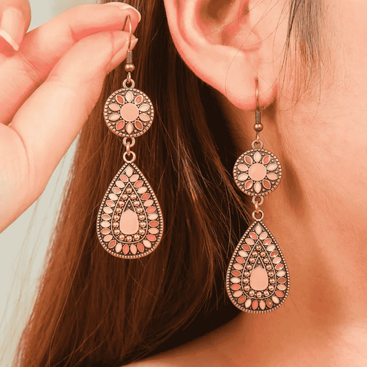 1- Traditional Indian Dangle Earrings - Boho Metal Earrings (Gold and Pastel)