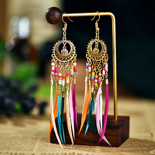 1- Metal Boho Long Earrings - Chandelier Beaded and Feather Earrings