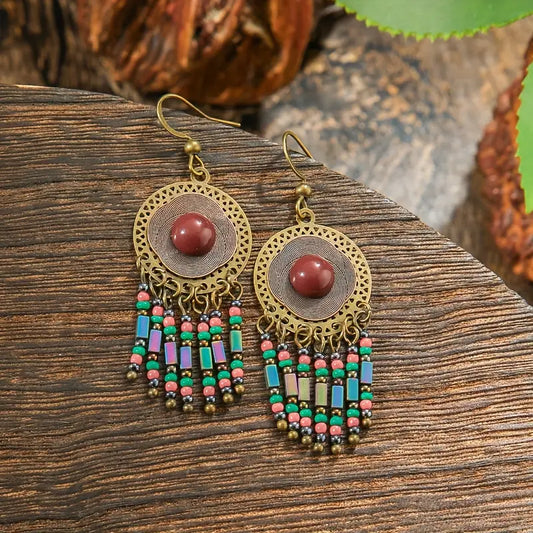 1- Boho Round Chandelier Earrings - Beaded Stone Earrings