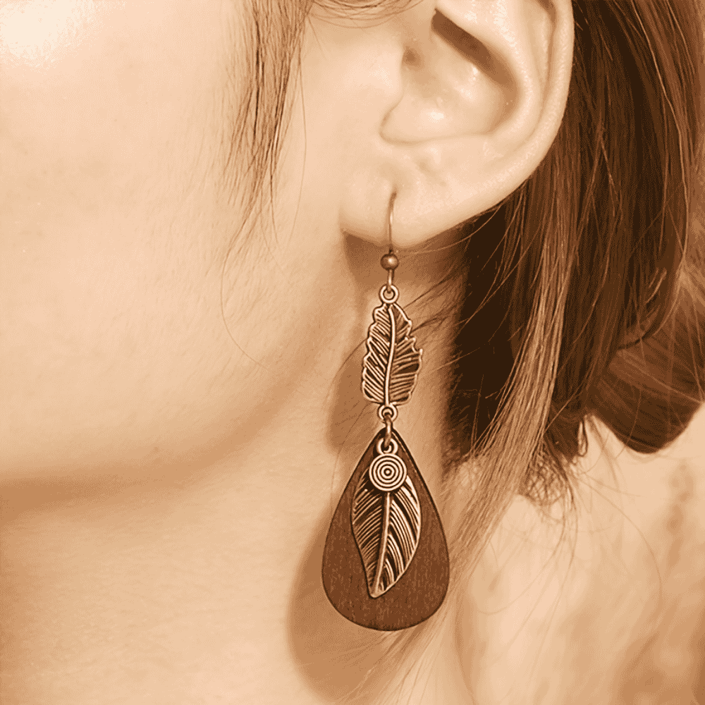 1- Boho Oxidized Copper Earrings - Leaf and Wood Earrings