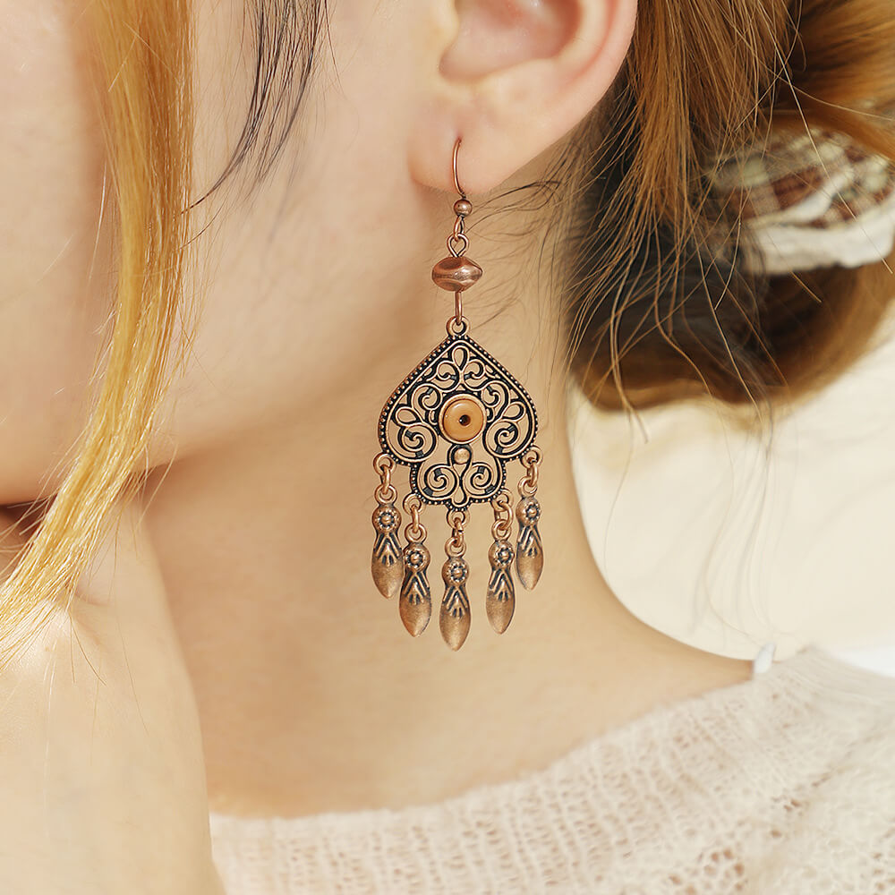 1- Boho Oxidized Copper Earrings - Chandelier Drop Earrings