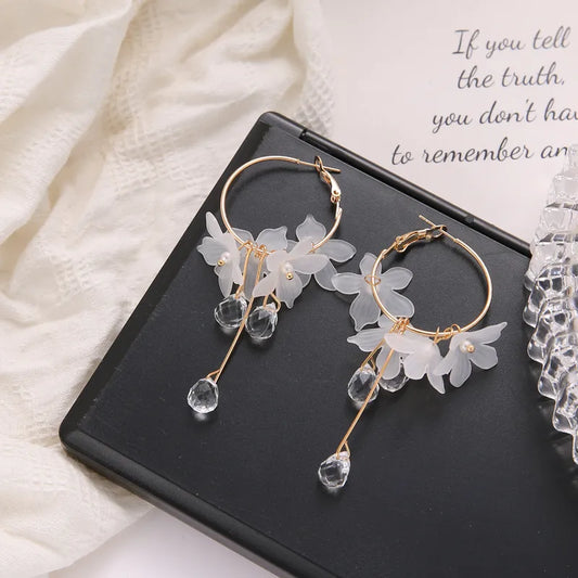 Korean Earrings - White Flower Hoop Earrings