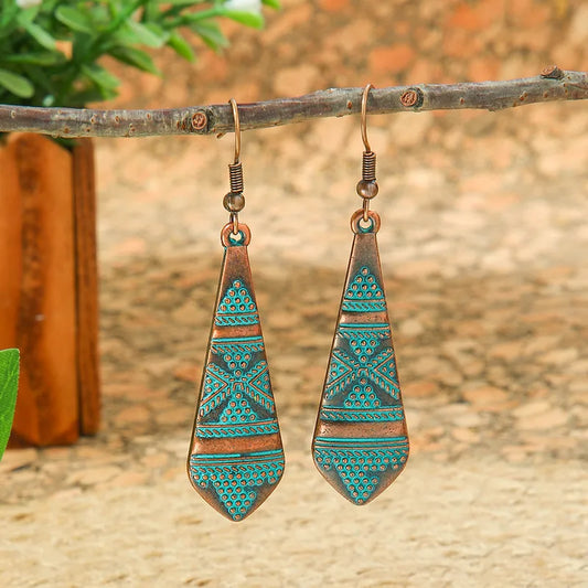 1- Oxidised Tribal Copper Earrings - Long Drop Earrings for Women