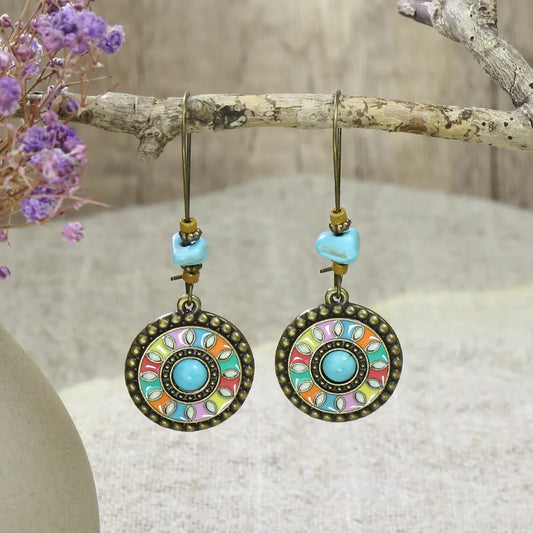 1- Colorful Turquoise Round Drop Earrings - Long Earrings for Women