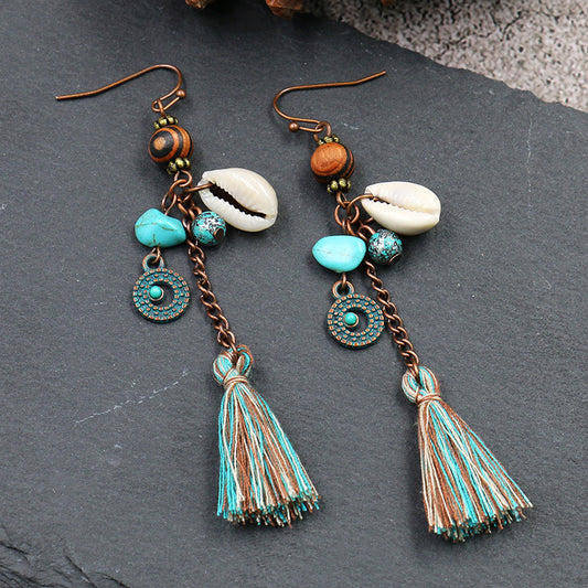 1- Long Drop Shell Earrings - Oxidised Chain Earrings for women