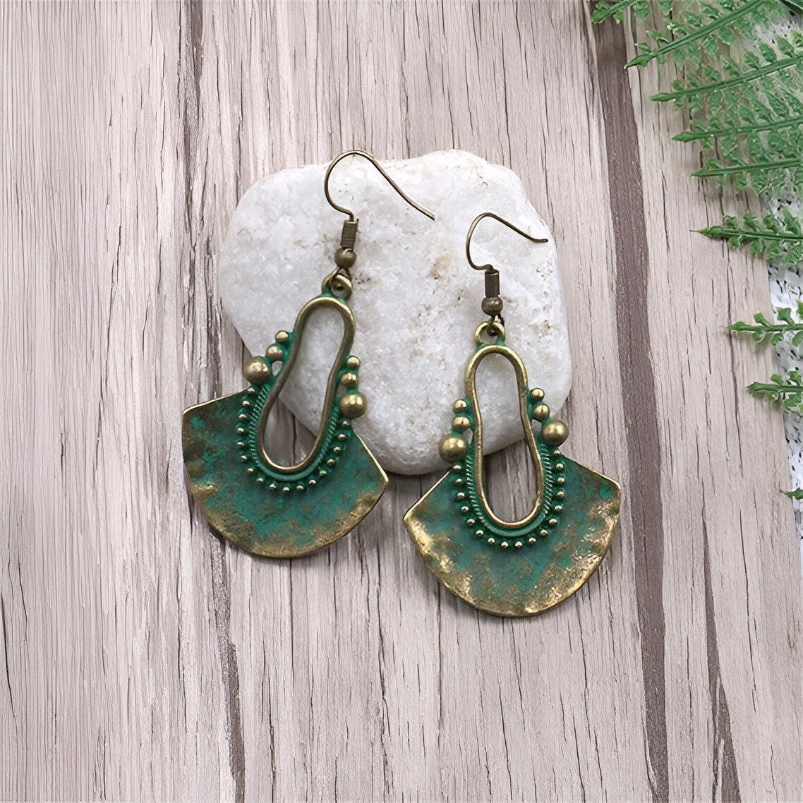 1- Gold and Green Tribal Dented Earrings - Boho Earrings for Women