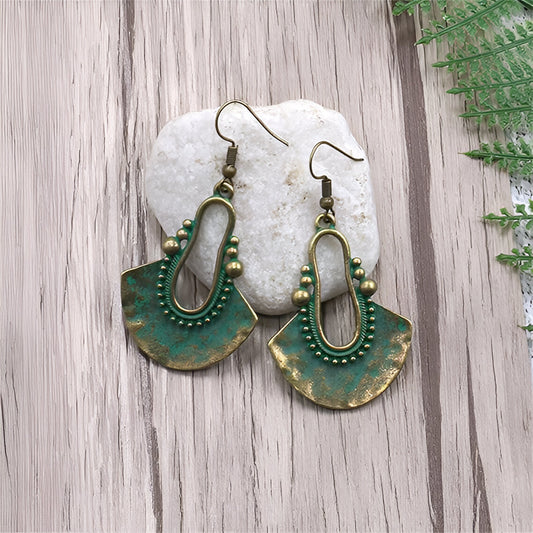 1- Gold and Green Tribal Dented Earrings - Boho Earrings for Women