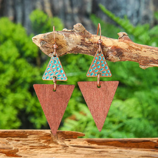 1- Dual Triangle Wood and Metal Oxidised Fusion Earrings