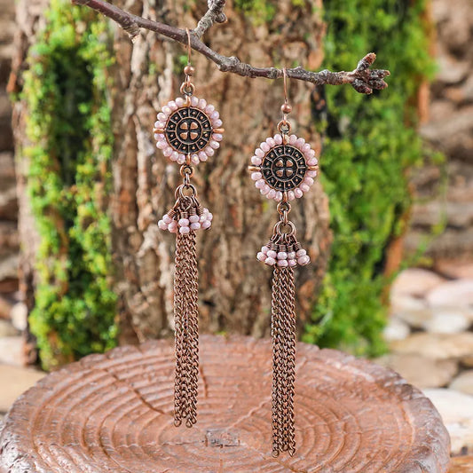 Bohemian Beaded Chain Long Earrings(Pink Beads)