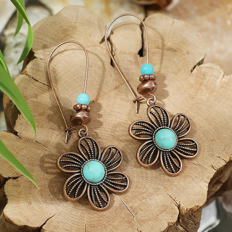 1- Boho Turquoise Earrings - Floral Drop Earrings