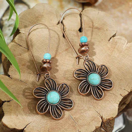 1- Boho Turquoise Earrings - Floral Drop Earrings