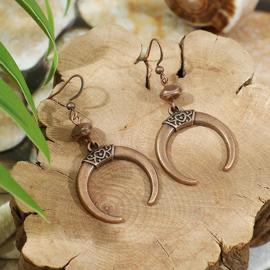 1- Antique Traditional Copper Half Moon Earrings - Boho Earrings