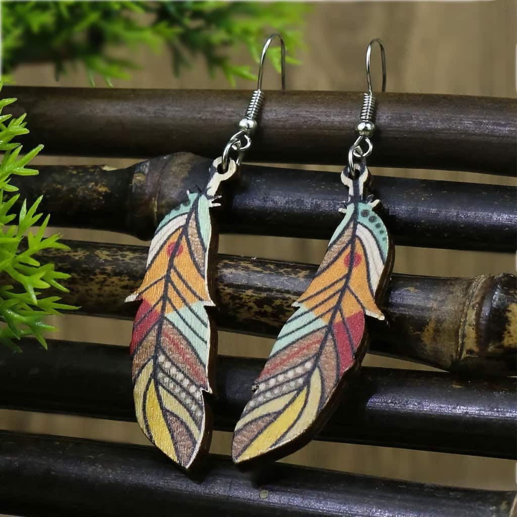 Boho Handmade Wooden Feather Earrings