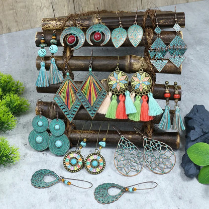 1- Boho Turquoise Disc Earrings - Oxidised Earrings