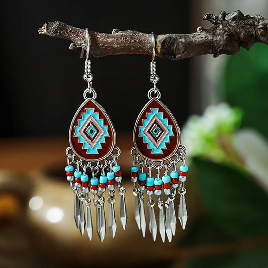 Ethnic Dangle Earrings-Red Earrings