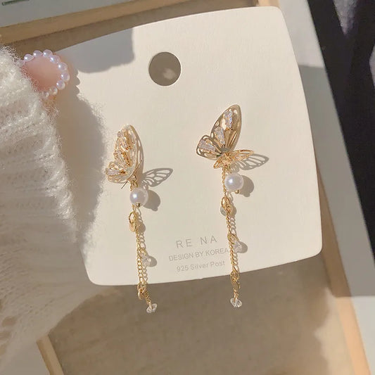 Gold Butterfly Earrings-Gold Earrings-Chain Earrings