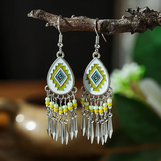 Ethnic Dangling Earrings-Light Green Earrings-Silver Earrings