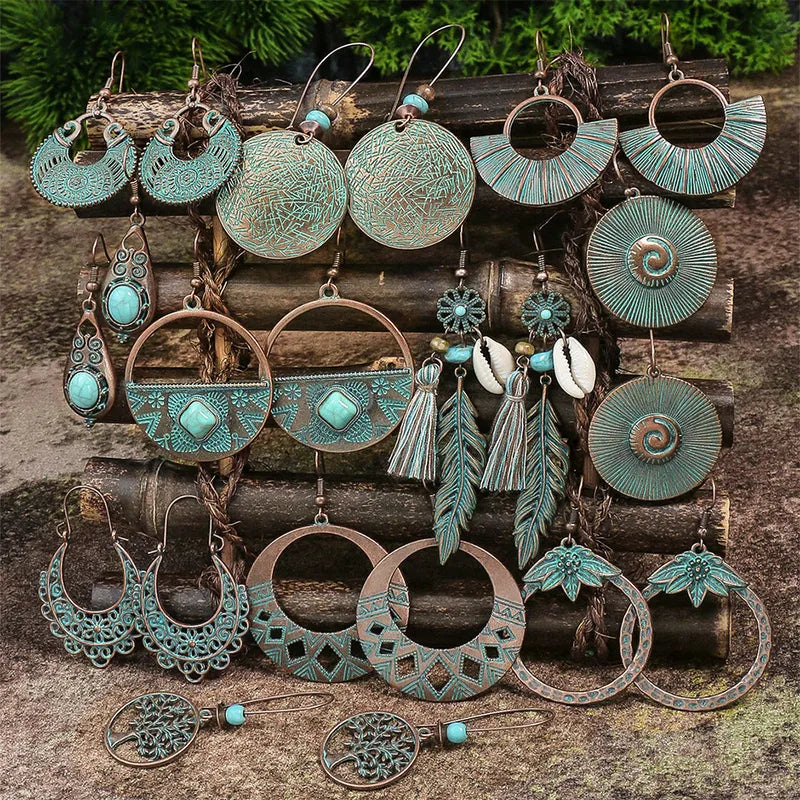 1- Boho Disc Oxidised Earrings - Round Drop Earrings