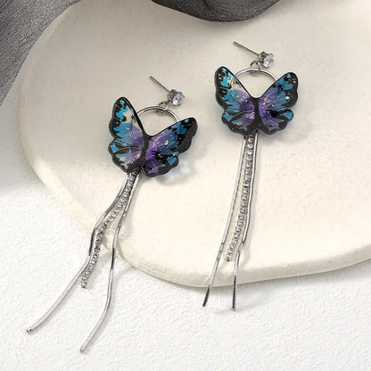 Gorgeous Blue and Purple Butterfly Earrings-Silver Earrings-Chain earrings