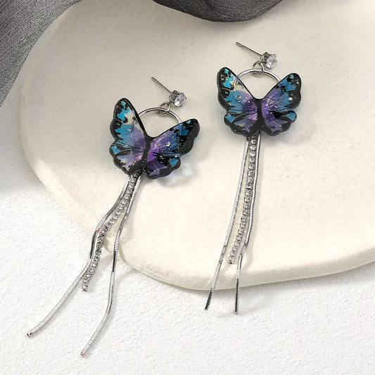 Gorgeous Blue and Purple Butterfly Earrings-Silver Earrings-Chain earrings
