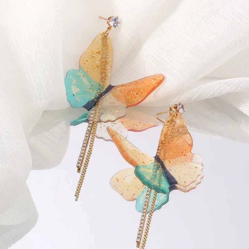 Butterfly Earrings-Orange Earrings-Gold Chain Earrings