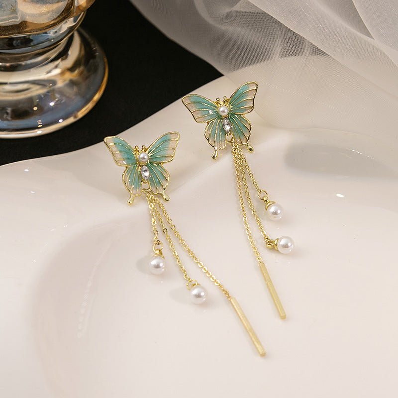 Image of an earring - Butterfly Earrings - Luxury Chain Pearl Earrings - Hypoallergenic Alloy - Green by Zuzus Trove