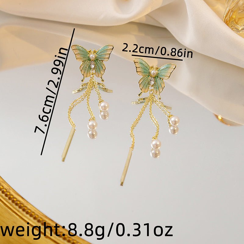Image of an earring - Butterfly Earrings - Luxury Chain Pearl Earrings - Hypoallergenic Alloy - Green by Zuzus Trove