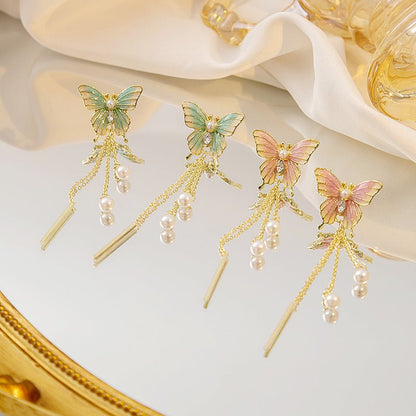 Image of an earring - Butterfly Earrings - Luxury Chain Pearl Earrings - Hypoallergenic Alloy - Green by Zuzus Trove