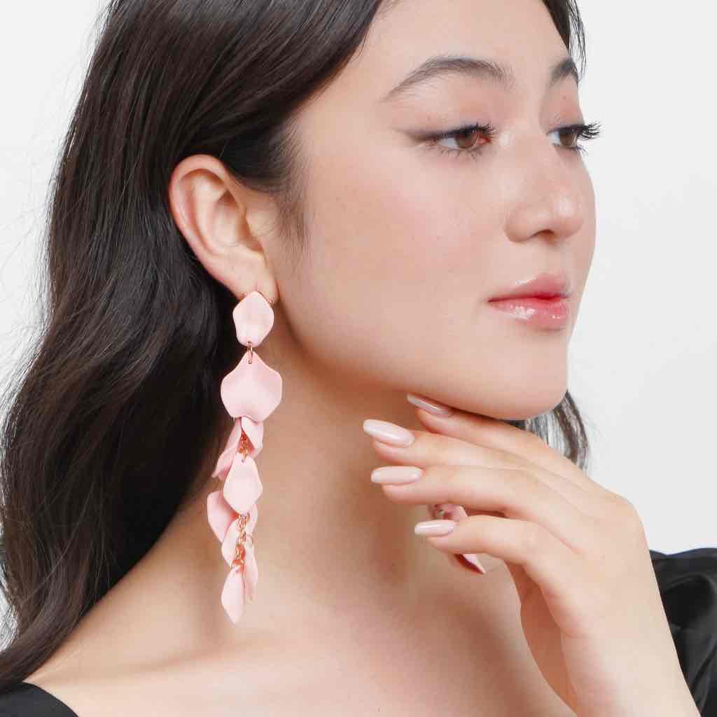 Image of an earring - Korean earrings - Leaf Earrings - Long Drop Statement Earrings - Baby Pink by Zuzus Trove