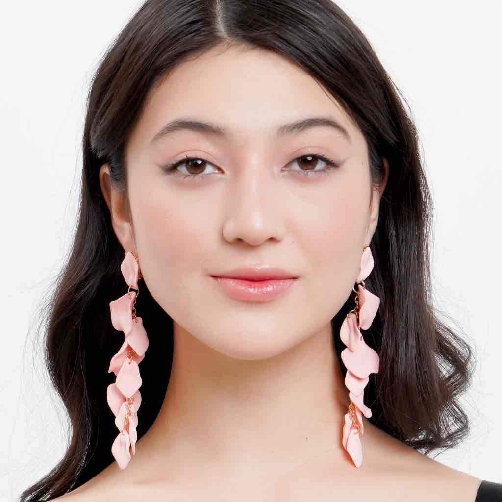 Image of an earring - Korean earrings - Leaf Earrings - Long Drop Statement Earrings - Baby Pink by Zuzus Trove