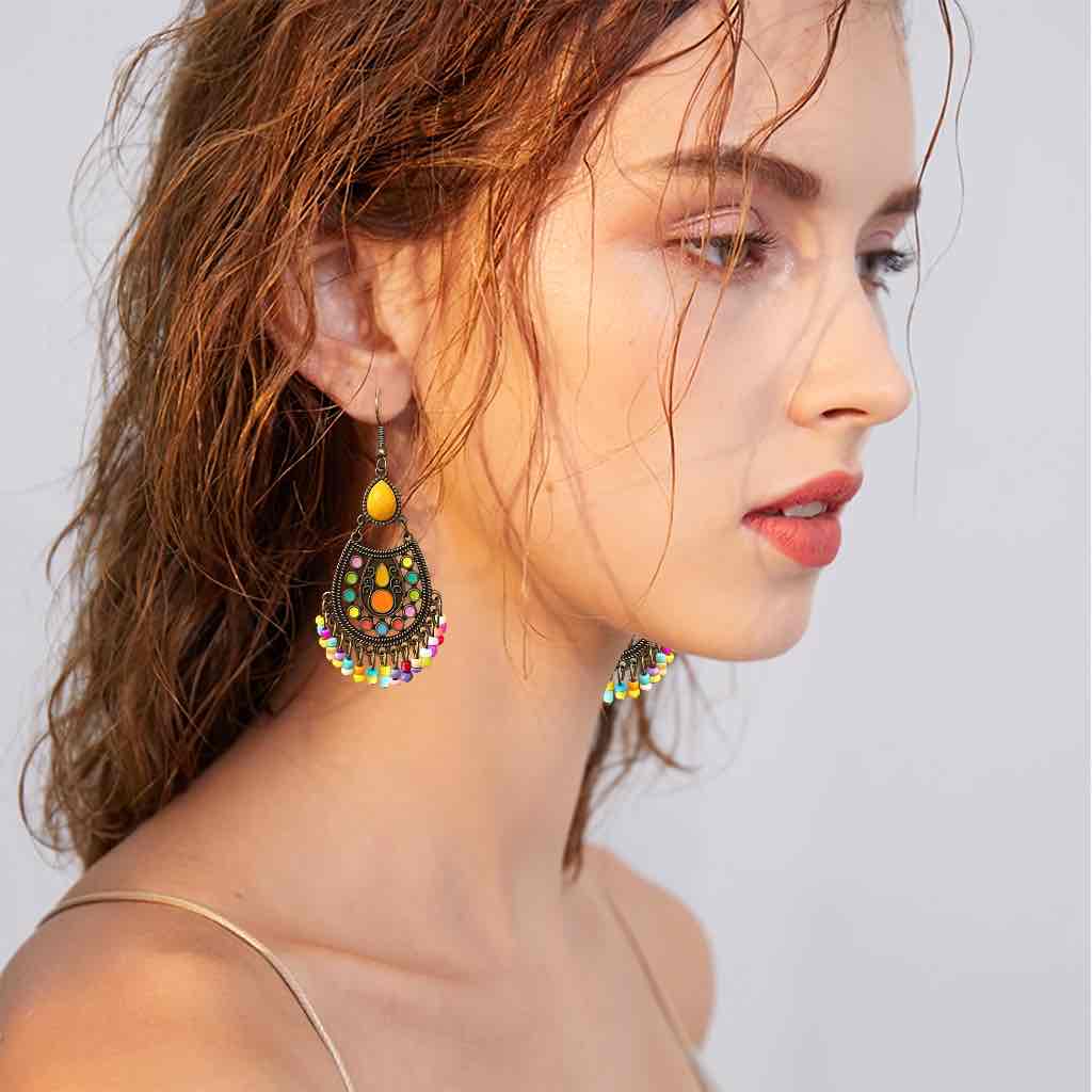 Image of an earring - Premium | Ethnic Stone Drop Earrings (Yellow) by Zuzus Trove