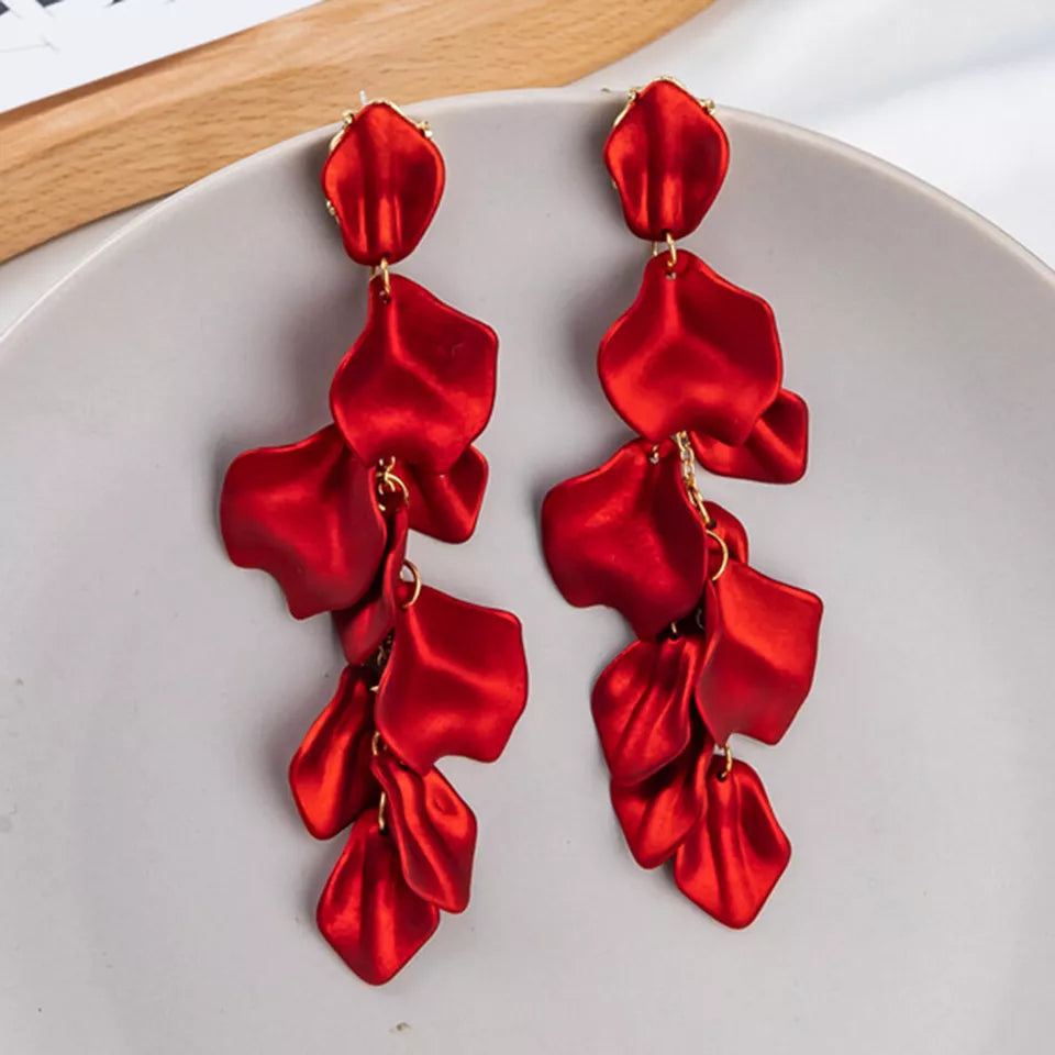 Korean earrings - Leaf Earrings - Long Drop Statement Earrings - Red
